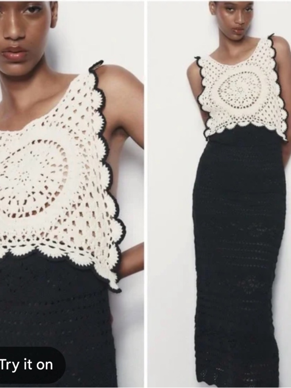 Zara Black And White Crochet  MIDI Dress Women’s Medium Bodycon Bohemian - Picture 2 of 13